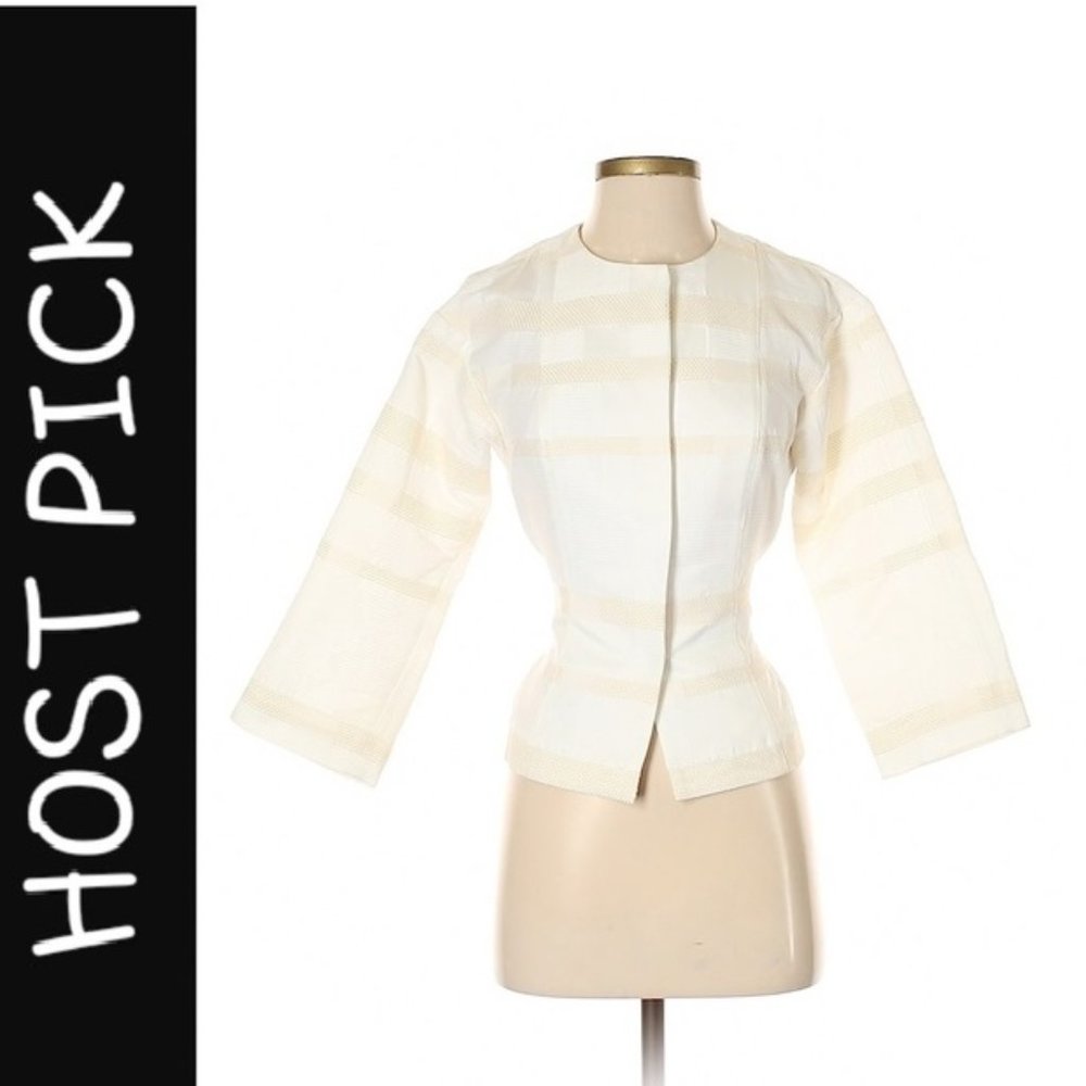Worth New York White Broad Stripe Print Cream Belted Jacket Size XS / XP